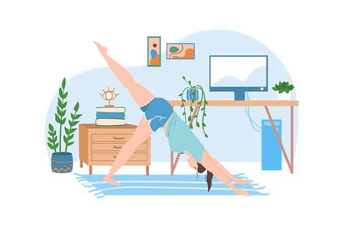 Girl do physical exercises to rest from work tasks  Illustration