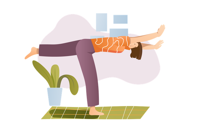 Girl does various yoga exercises at home  Illustration