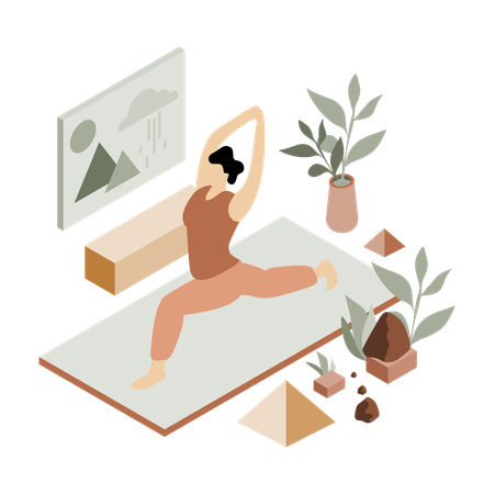 Girl doing a yoga pose on a mat with indoor plants  Illustration
