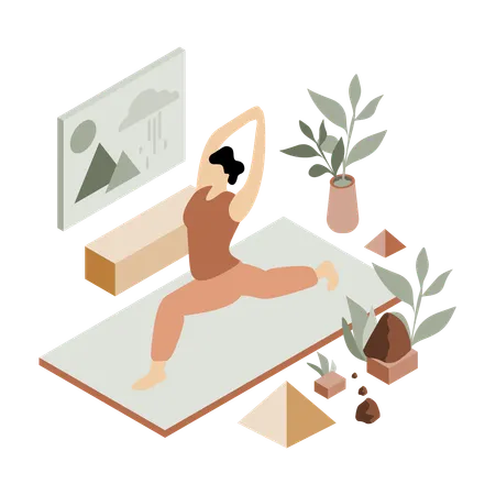 Girl doing a yoga pose on a mat with indoor plants  Illustration