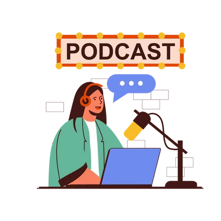 Girl doing audio podcast from podcast studio  Illustration