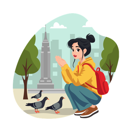 Girl doing Bird Watching in Nature  Illustration