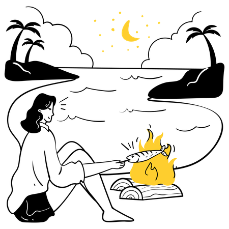 Girl doing Bonfire Party at beach  Illustration