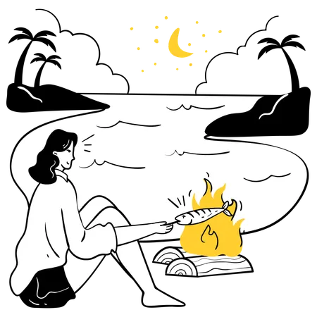Girl doing Bonfire Party at beach  Illustration