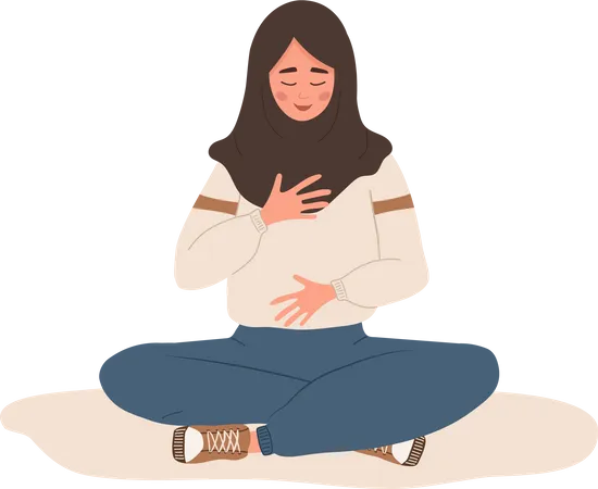 Abdominal Breathing Arab Woman Practicing Belly Breathing For Relaxation Breath Awareness Yoga Exercise Meditation For Body Mind And Emotions Spiritual Practice Flat Cartoon Vector Illustration Illustration
