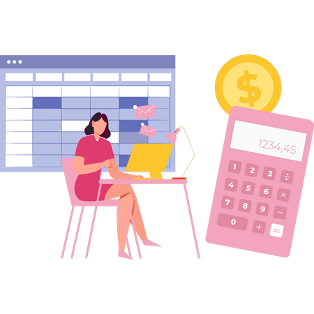 Girl Doing Calculations At Her Desk  Illustration