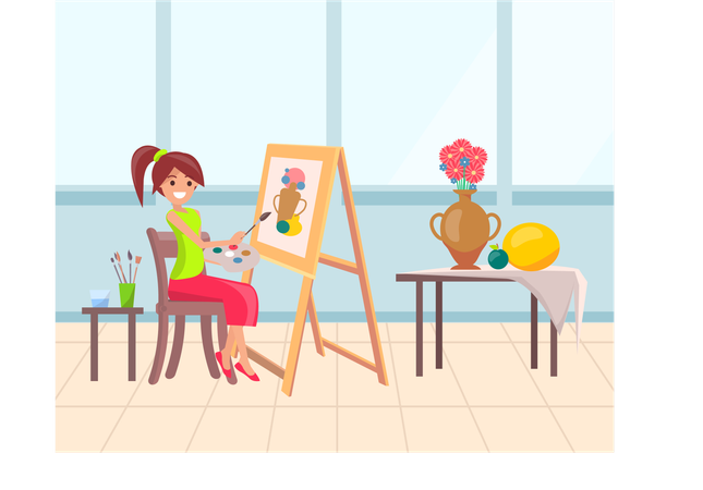 Girl doing canvas painting  Illustration