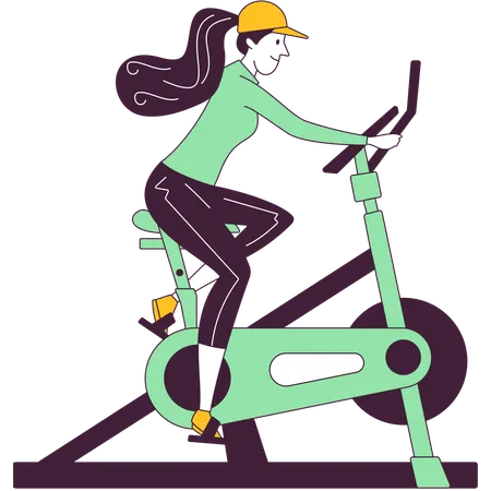 고정식 자전거를 타고 유산소 운동을 하는 소녀  일러스트레이션