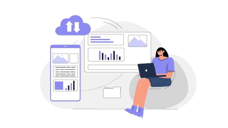 Girl doing cloud data analysis  Illustration