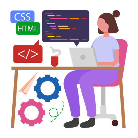 Girl doing Coding on Laptop  Illustration