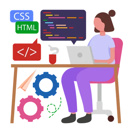Girl doing Coding on Laptop  Illustration