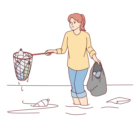 Girl doing collecting plastic bottles  Illustration