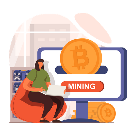 Girl doing crypto mining after investing in bitcoin Illustration