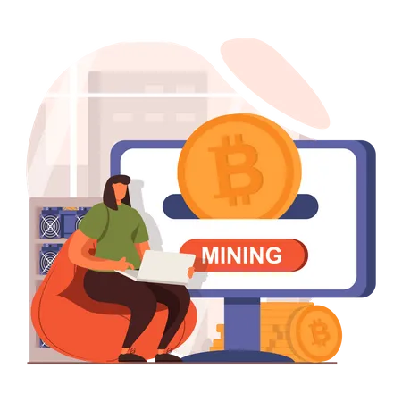 Girl doing crypto mining after investing in bitcoin  Illustration