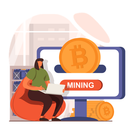 Girl doing crypto mining after investing in bitcoin  Illustration