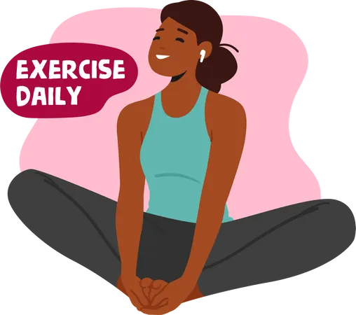 Exercise Daily Banner With Positive Healthy Woman Meditating In Lotus Pose Peaceful Female Character Enjoying Relaxation Emotional Balance Harmony Meditation Concept Cartoon Vector Illustration イラスト