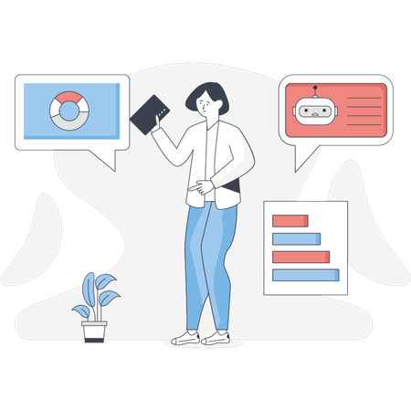 Girl doing data analysis with Ai assistant  Illustration