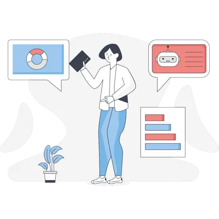 Girl doing data analysis with Ai assistant  Illustration