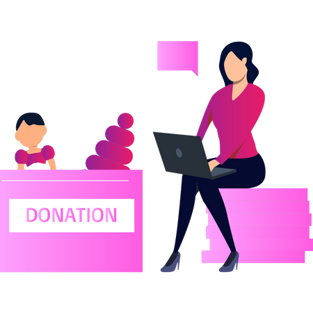 Girl doing donation work on laptop  Illustration