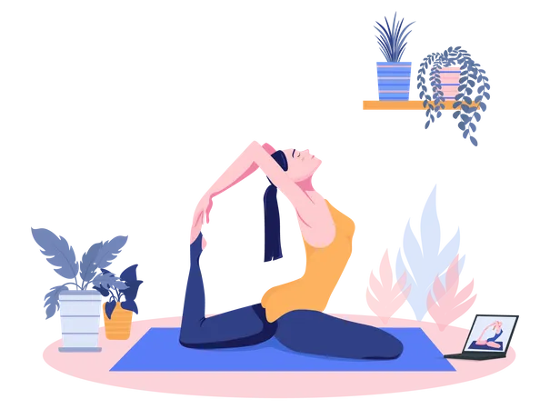 Concept Sport At Home With People Scene In Flat Cartoon Style Girl Practices Yoga In Homely Atmosphere According To Video Instructions Vector Illustration Illustration