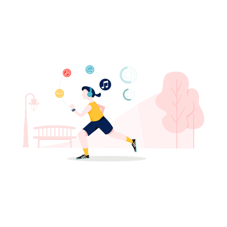 Girl doing exercise and listening music on wireless headphone in park  Illustration