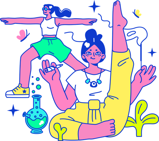 Girl doing exercise and  smoking cannabis bong  Illustration