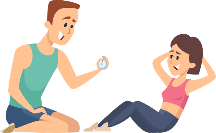 Girl doing exercise with gym trainer Illustration