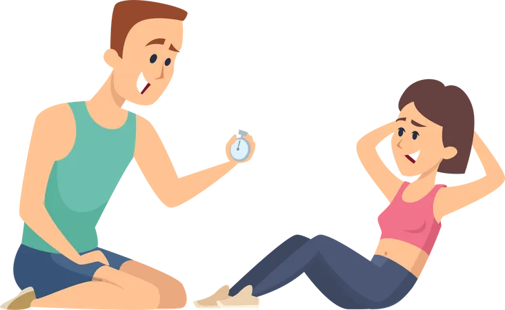 Girl doing exercise with gym trainer Illustration
