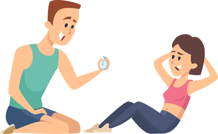 Girl doing exercise with gym trainer  Illustration