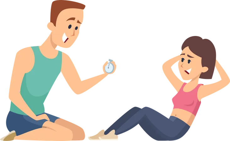 Girl doing exercise with gym trainer  Illustration