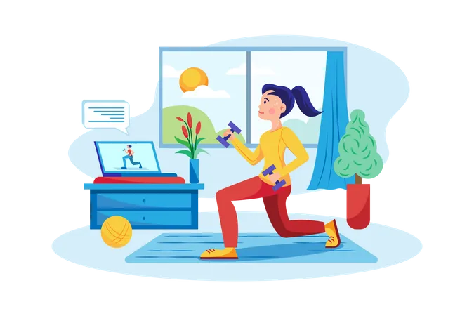 Girl doing exercises under the guidance of online teachers  Illustration