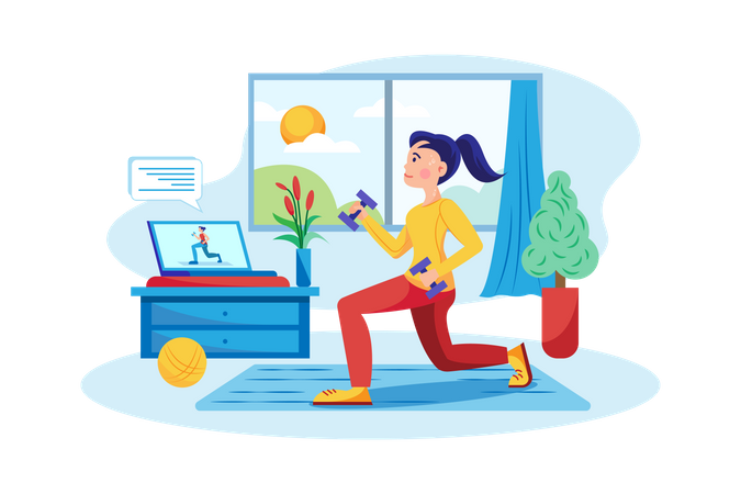 Girl doing exercises under the guidance of online teachers  Illustration