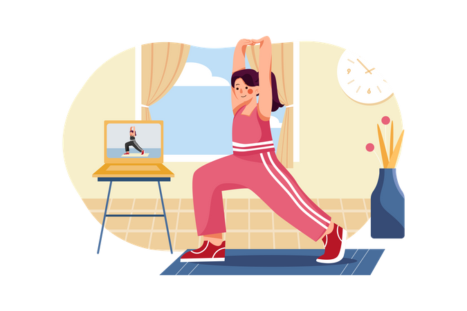 Girl doing exercises using laptop  Illustration