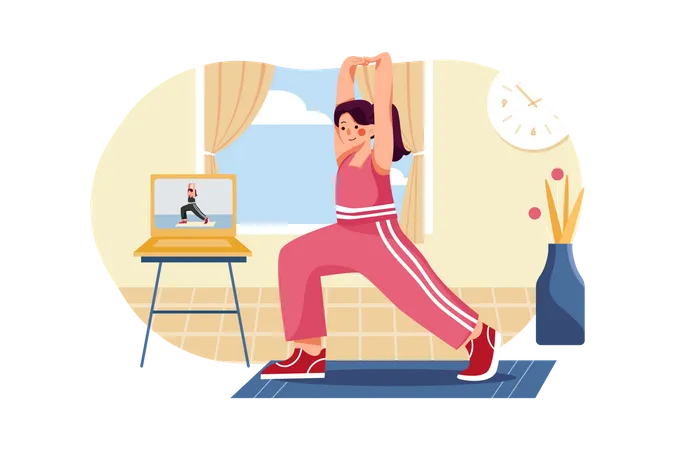 Girl doing exercises using laptop  Illustration