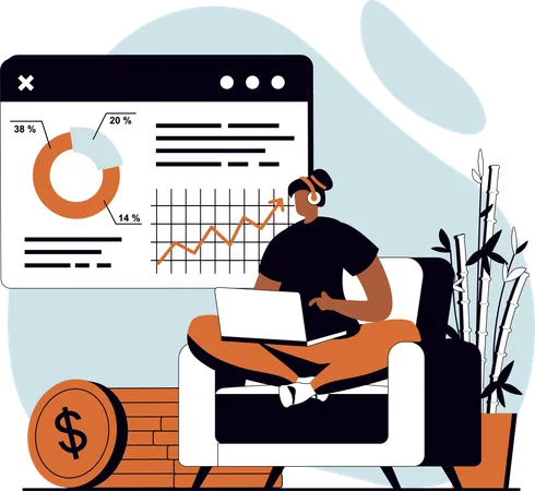 Girl doing financial analysis using laptop  Illustration