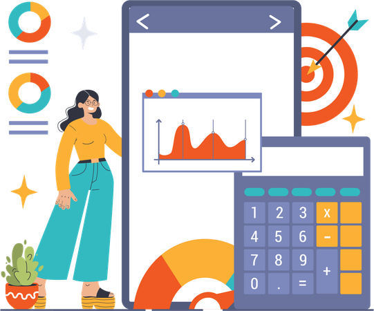 Girl doing financial calculation with target  Illustration