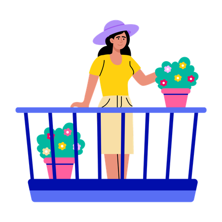 Girl doing flower decoration in balcony  Illustration