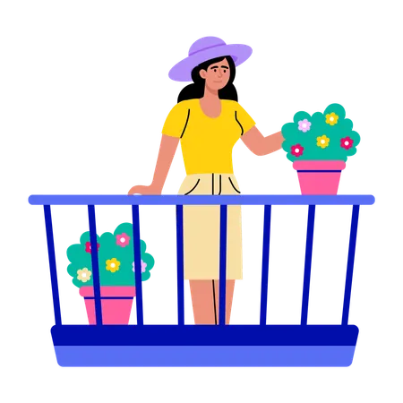 Girl doing flower decoration in balcony  Illustration