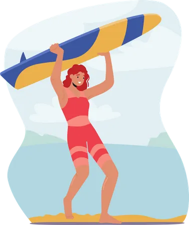 Surfing Vacation Extreme Leisure Fun Recreation In Ocean Young Woman Surfer Character In Swim Wear Carry Surf Board On Beach Summertime Activity Healthy Lifestyle Cartoon Vector Illustration Illustration