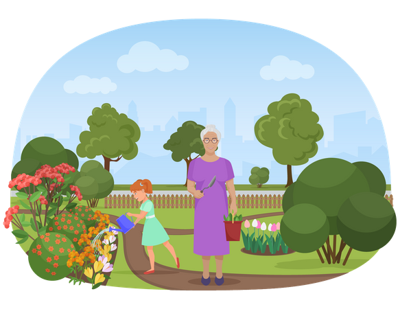 Girl doing gardening with grandma  Illustration