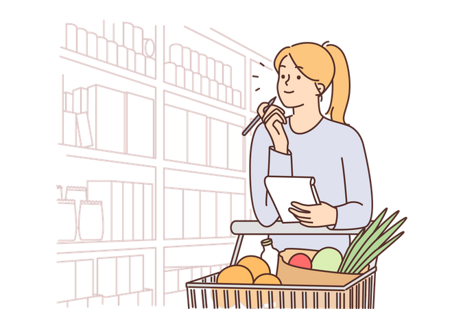 Girl doing grocery shopping  イラスト