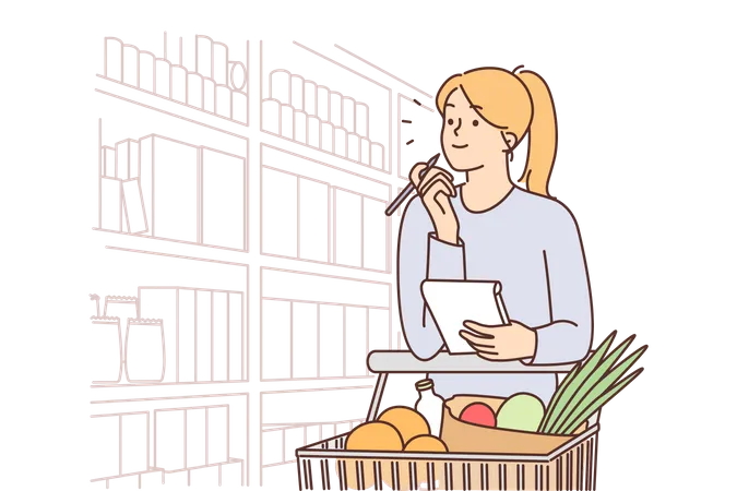 Girl doing grocery shopping  イラスト