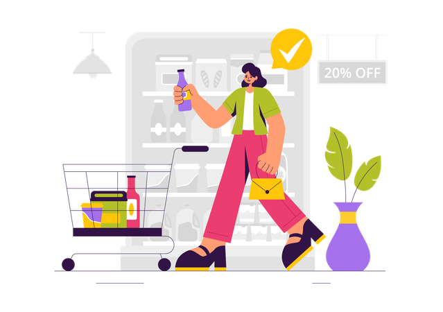 Girl Doing Grocery Shopping  Illustration