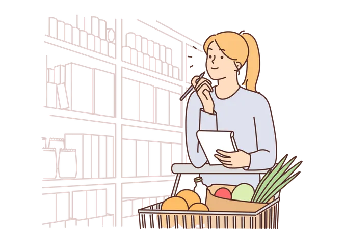 Girl doing grocery shopping  Illustration