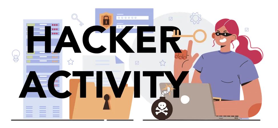 Hacker Activity Typographic Header Digital Data Protection And Database Safety Web Security Specialist For Cyberattack Prevention Flat Vector Illustration イラスト