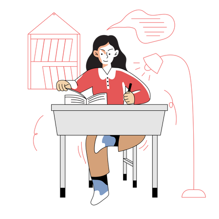 Girl doing homework at desk  Illustration