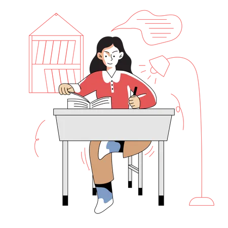 Girl doing homework at desk  Illustration