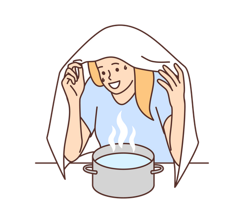 Girl doing hot steam inhalation  Illustration