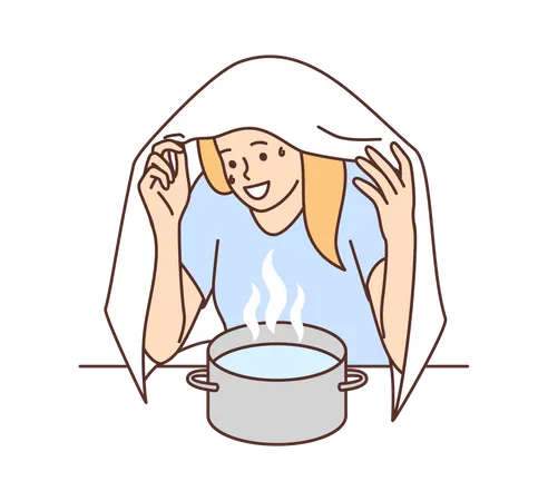 Girl doing hot steam inhalation  Illustration