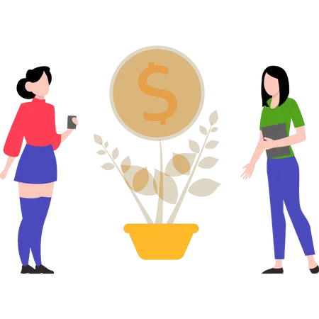 The Girls Stand By The Money Plant Illustration